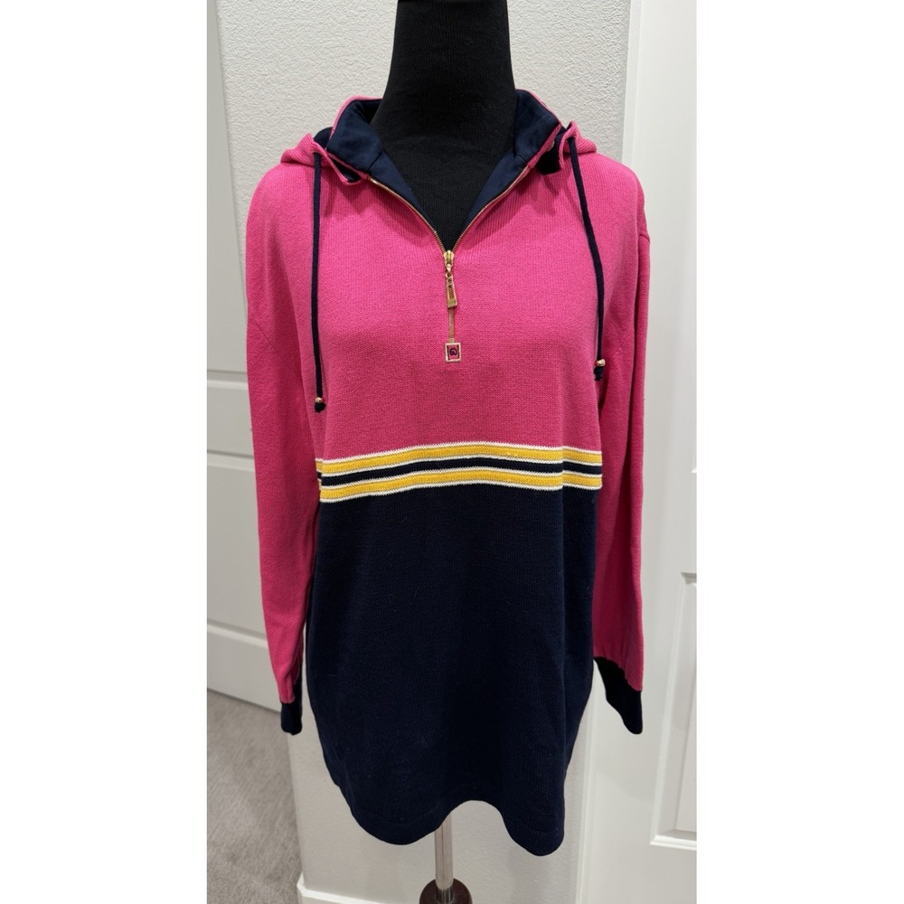 St. John Sport Detachable Hood 1/2 zip Pink/Blue Knit Tunic Pullover Sweater P